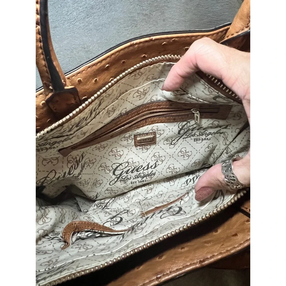 Guess 1981 faux Ostrich Embossed Satchel Crossbody Purse Brown Handle Handbag
